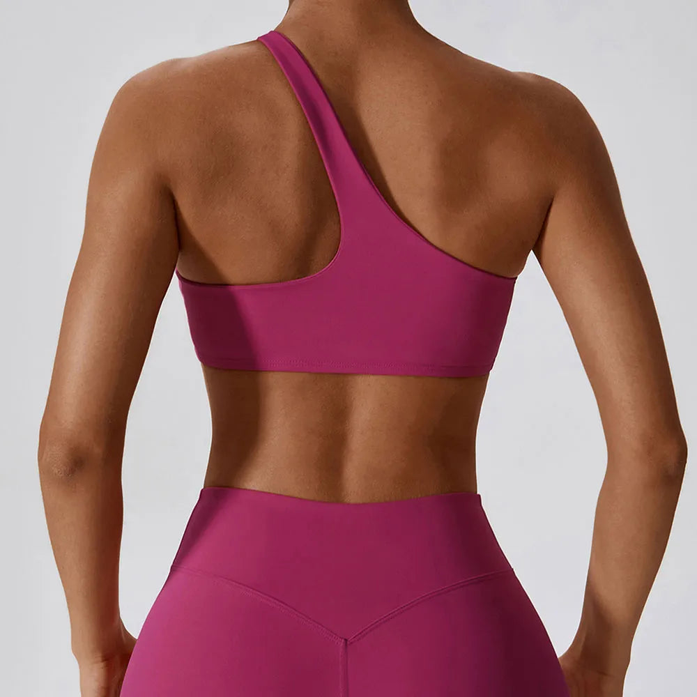 Women One Shoulder Sports Bra Top Push Up Fitness